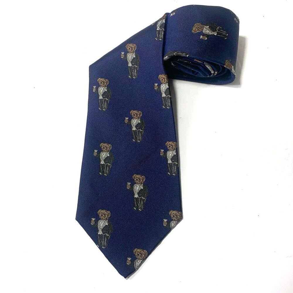 VINTAGE Polo Ralph Lauren 100% Silk Tie Polo Bear Tuxedo Martini Navy Handmade